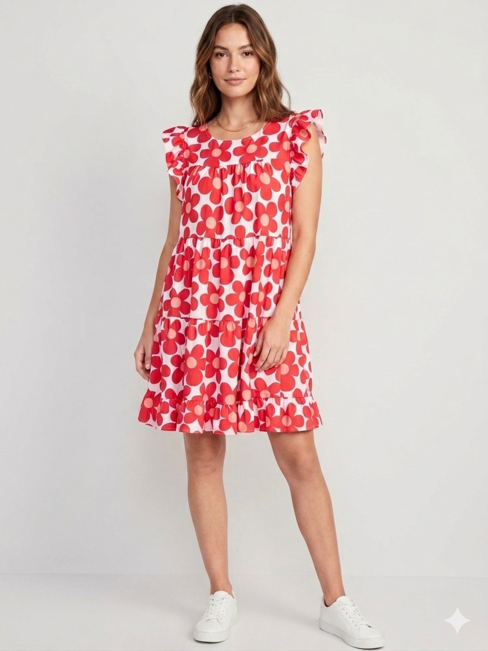 Red and White Flower Sundress with Ruffle Sleeves Size Small Tiered Floral Dress - Picture 1 of 6